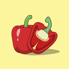 Fresh Bell Pepper Vegetables isolated on yellow background. Red Pepper Icons for Market, Recipe Design. Cartoon Flat Style. Vector illustration for Your Design, Web, ads, advertisement, sticker