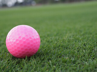 Pink golf ball on green grass golf course