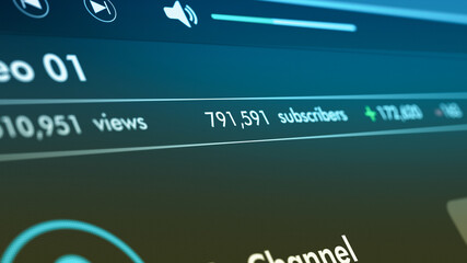 close-up view of a computer monitor, video channel template with lot of views and subscribers, dark theme (3d render)