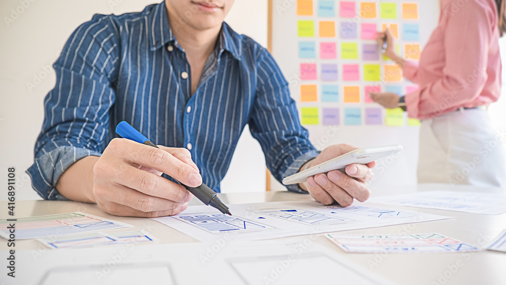 Wall mural creative web designer planning application and developing template layout, framework for mobile phon