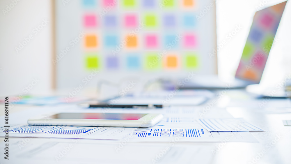 Wall mural creative web designer planning application and developing template layout, framework for mobile phon