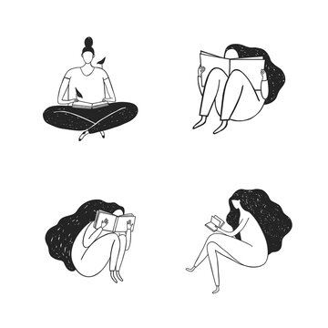 Vector hand drawn illustration of women reading. Graphic set on white background. Women hold a book in their hands. 