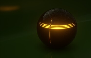 3D image of a black ball on a dark green background with glowing yellow stripes