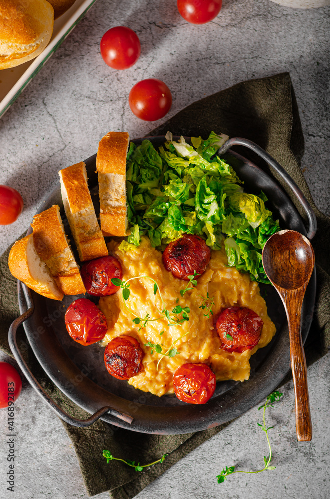 Wall mural scrambled eggs with salad and grilled tomatoes