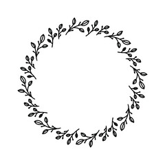 Vector hand drawn spring wreath isolated on white background. Outline circle of leaves. Doodle style. Floral frame.