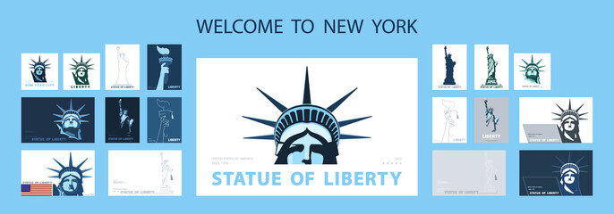 Statue of Liberty design template set. Banner, geometric blue and white flat design. New York. Booklet, album poster.Name of the Annual Report Ad Text. X-banner.Information banner, vector illustration © VASYL