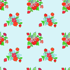 Seamless illustration of a bouquet of flowers and berries on a blue background.