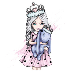 Beautiful girl and a soft toy. Vector illustration for cards, print on clothes and accessories. Fashion and Style. 