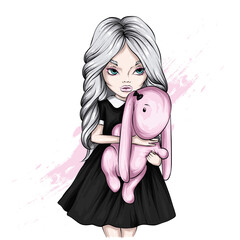 Beautiful girl and a soft toy. Vector illustration for cards, print on clothes and accessories. Fashion and Style. 