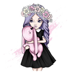 Beautiful girl and a soft toy. Vector illustration for cards, print on clothes and accessories. Fashion and Style. 