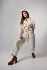 pretty woman wearing suit brown shoes fashion modern style