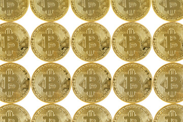 Golden bitcoin isolated on white background.