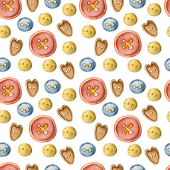 Watercolor seamless pattern with different colored buttons on white background. Stock illustration. Sewing seamless pattern.