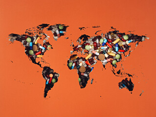 World map with pills and tablets on earthy orange background. Covid-19 or Coronavirus or pandemic minimal art concept. Creative pharmacy or health care layout. Flat lay, top view. © Aleksandar
