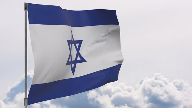 Israel flag on pole with sky background seamless loop 3d animation
