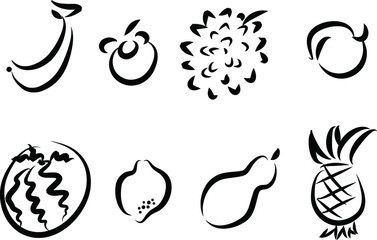 vector line fruits set papaya lemon Mangosteen Durian banana watermelon