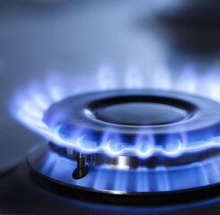 kitchen gas cooker with burning fire propane gas - obrazy, fototapety, plakaty