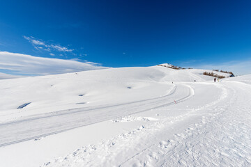 Cross-Country Skiing Tracks and footpath with snow in winter. Altopiano della Lessinia (Lessinia Plateau), Regional Natural Park, near Malga San Giorgio, ski resort in Verona province, Veneto, Italy.