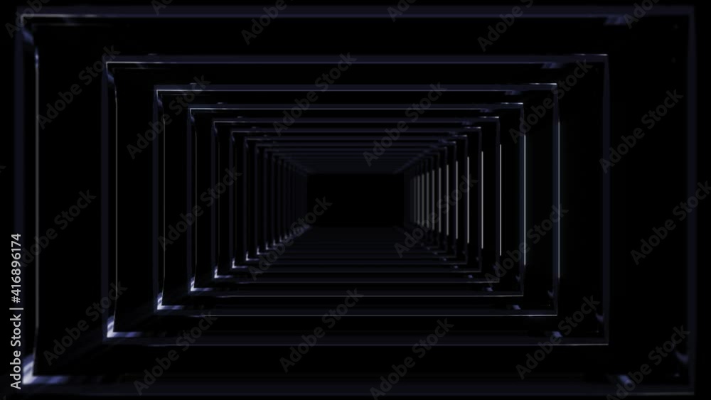 Wall mural abstract background 3d animation moving through shiny metal technical structure tunnel loop