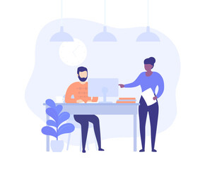 supervisor and employe working at computer, business concept