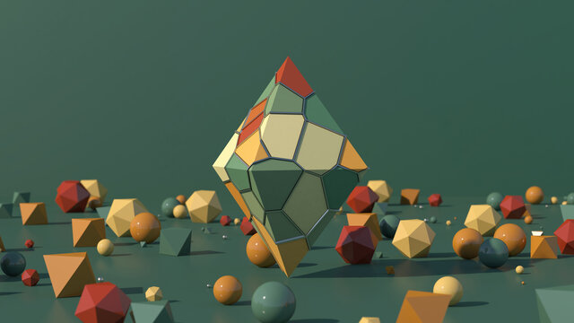 Pyramid with colorful surface. Green, orange, brown balls and polyhedrons. green background. Abstract illustration, 3d render.
