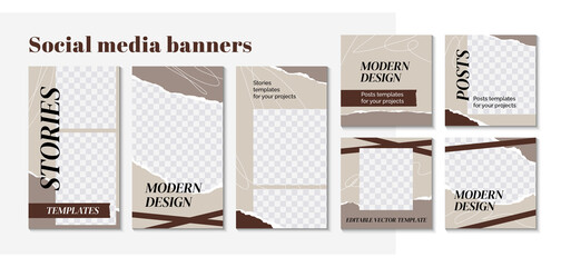 Modern design backgrounds for social media banner in minimalistic style. Set of editable web banner templates. Trendy story mockup for blog or shop. Vector illustration