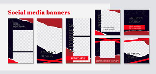 Fashion web banner for social media mobile apps in red and black colors. Stylish social media posts, story and photos. Editable templates with space for text. Vector Illustration
