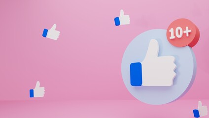 Illustration of a minimalist like notification icon isolated with. Social network sign, 3d rendering