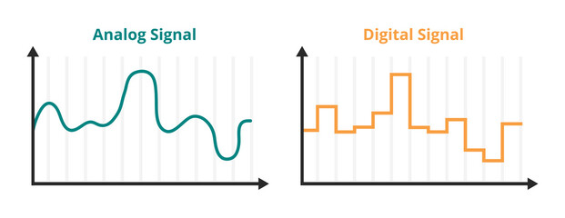 Vector scientific or educational scheme or diagram of the analog signal and digital signal isolated on white. Continuous time-varying signal and discrete signal used to carry data. Physics, technology