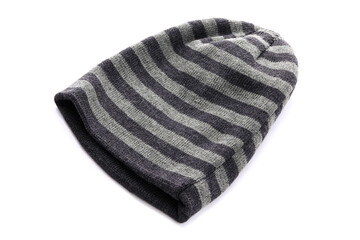 Wool knitted winter hat on the white background