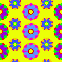 vector pattern with bright colors. flat image of a pattern with multi-colored flowers on a yellow background.