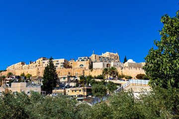 Panoramic view of Jerusalem Old City with walls and Jewish quarter seen from ancient City of David quarter in Israel