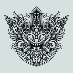 tattoo and t-shirt design black and white hand drawn barong engraving ornament