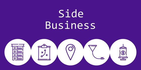 side business background concept with side business icons. Icons related funnel, location, funds, list, strategy