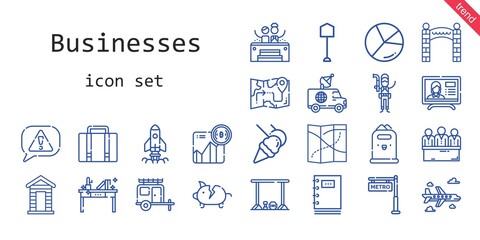 Fototapeta na wymiar businesses icon set. line icon style. businesses related icons such as van, jacuzzi, piggy bank, shovel, news report, cabin, candidates, bar, plumber, luggage, food and restaurant, startup