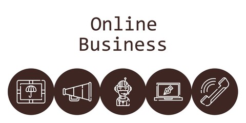 online business background concept with online business icons. Icons related package, pilot, phone, speaker, design