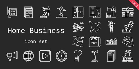 home business icon set. line icon style. home business related icons such as calendar, antenna, plane, newspaper, megaphone, ticket, pie chart, wall clock, telephone, employee