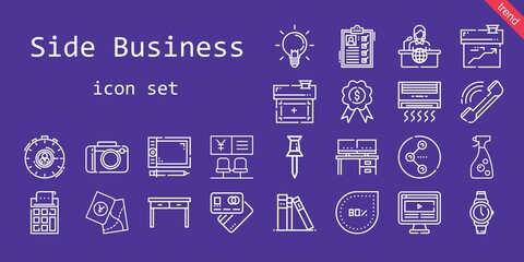 side business icon set. line icon style. side business related icons such as calculator, news report, ideas, list, house, debit card, computer, bank, library, graphic tablet, pin