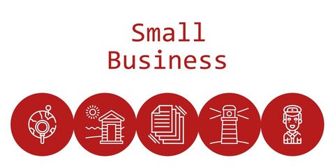 small business background concept with small business icons. Icons related pilot, lighthouse, cabin, files, global