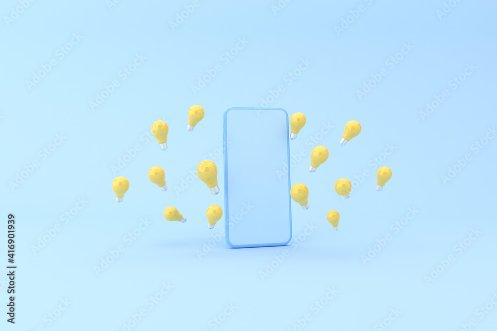 Poster 3d rendering of mobile phone and floating light bulb. Minimal concept.