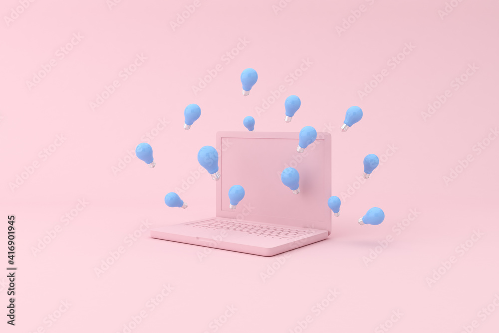 Poster 3d rendering of laptop and floating light bulb. Minimal concept.