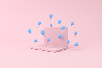 3d rendering of laptop and floating light bulb. Minimal concept.