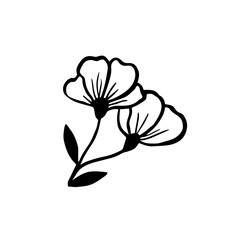 The branch with spring flowers and leaves is drawn in ink on a white background. Vector isolated illustration of botanical plants. Hand sketch of a black outline. Medicinal herb, cherry buds, trees.