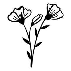 Simple flowering branch of a spring tree. Vector illustration isolated on a white background drawn in ink by hands. Black contour flowers and leaves. Field herbs and plants for medicine and perfumery.