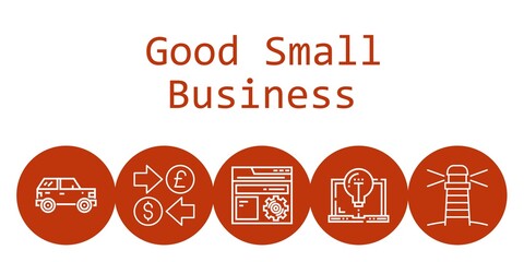 good small business background concept with good small business icons. Icons related settings, lighthouse, car, currency, laptop