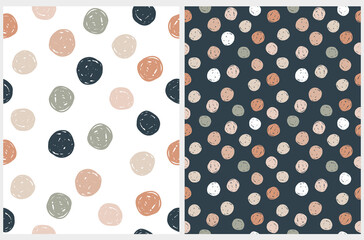 Abstract Geometric Irregular Vector Patterns with Polka Dots. Cute Childish Endless Texture. Blue and Brown Brush Dots on a White and Dark Blue Background. Simple Hand Drawn Dotted Print.  © Magdalena