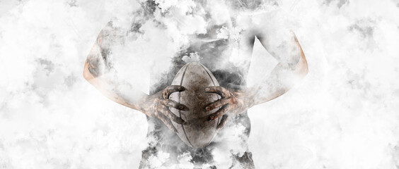 Man rugby player holds ball on white smoke background