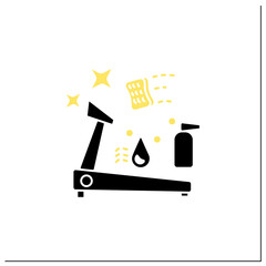 Sports cleaning glyph icon. Clean up sports equipment. Gym disinfection. Safety space and preventative measures. Cleaning service concept.Filled flat sign. Isolated silhouette vector illustration