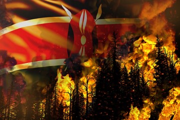 Big forest fire fight concept, natural disaster - infernal fire in the trees on Kenya flag background - 3D illustration of nature