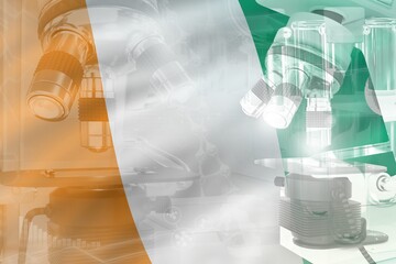Microscope on Cote d Ivoire flag - science development conceptual background. Research in healthcare or genetics, 3D illustration of object